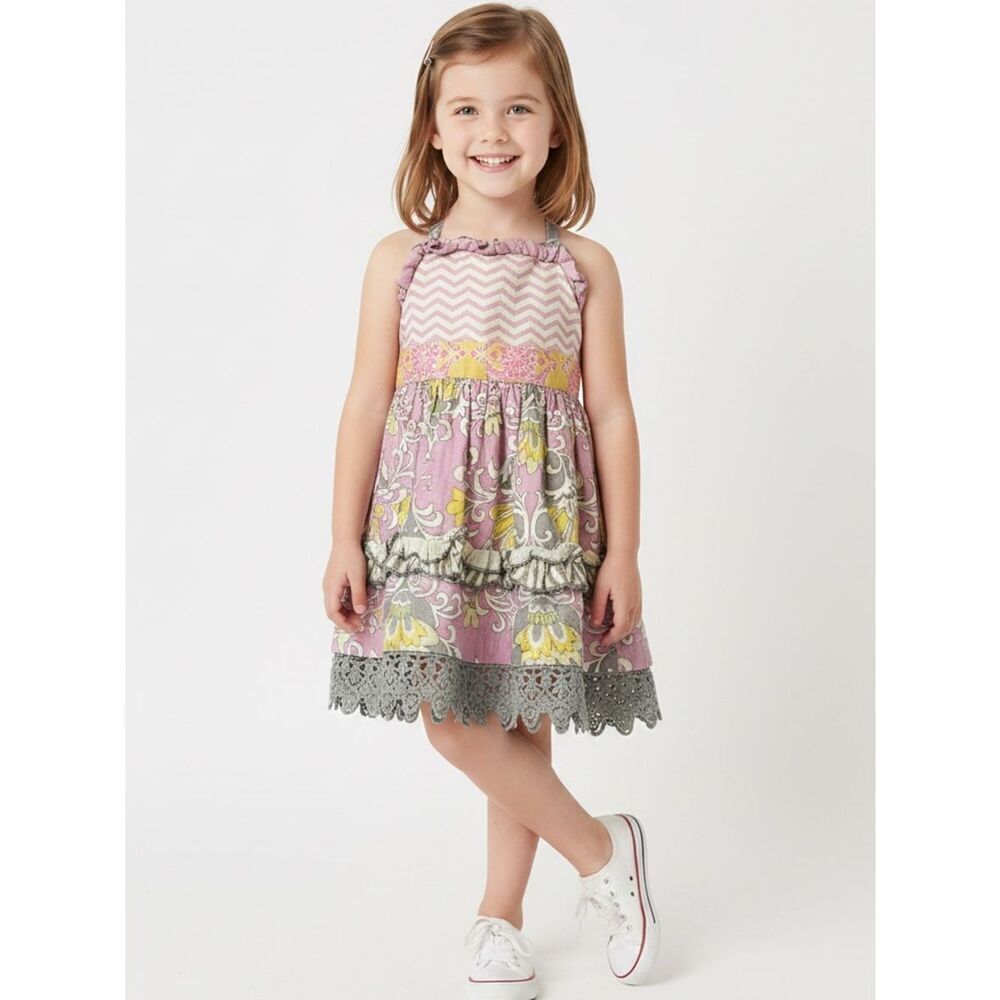 Mustard Pie multi patterned pink and gray ruffle smocked halter dress size 5